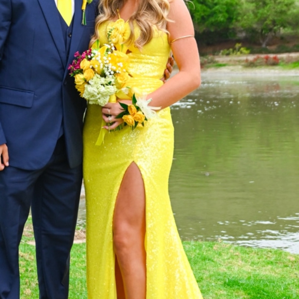 Rachel Allen yellow sequin halter cut out prom dress with slit